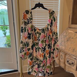 Eloquii Tropical Floral Shirred Waist Dress — Pink, Orange, Green, Black & White